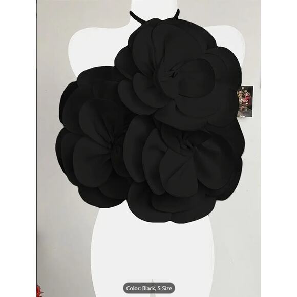 Black Oversized 3D Flower Halter Crop Top –  Backless Party & Festival Blouse - Picture 1 of 5